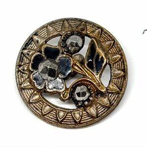 Vintage / Antique Hand Made Enamel Marcasite Pewter Gold Gilt Flower Button .57”